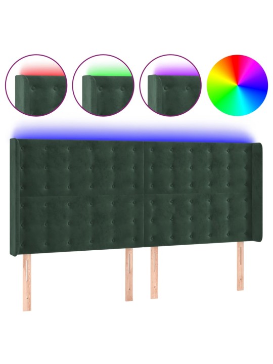 Gultas galvgalis ar led, 163x16x118/128 cm, tumši zaļš samts