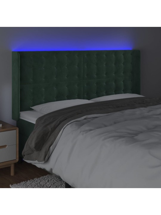 Gultas galvgalis ar led, 163x16x118/128 cm, tumši zaļš samts