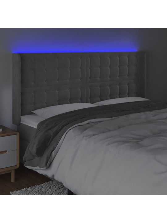 Gultas galvgalis ar led, 203x16x118/128 cm, gaiši pelēks samts