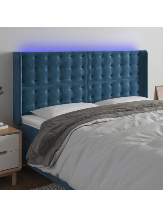 Gultas galvgalis ar LED, 203x16x118/128 cm, tumši zils samts