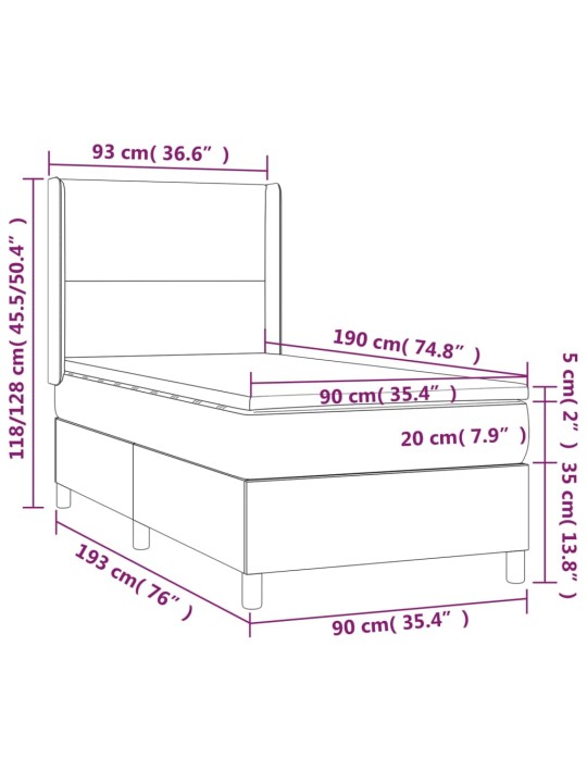 Atsperu gulta ar matraci, LED, melns audums, 90x190 cm
