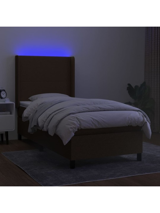 Atsperu gulta ar matraci, LED, tumši brūns audums, 90x200 cm