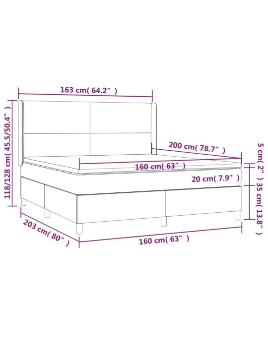 Atsperu gulta ar matraci, led, melns audums, 160x200 cm