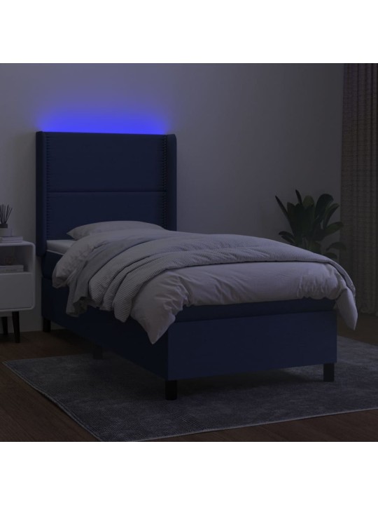 Atsperu gulta ar matraci, LED, zils audums, 90x200 cm