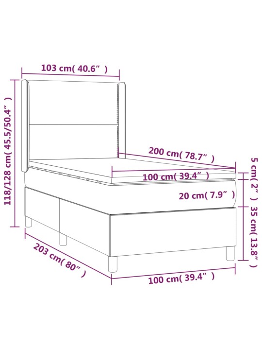 Atsperu gulta ar matraci, led, melns audums, 100x200 cm