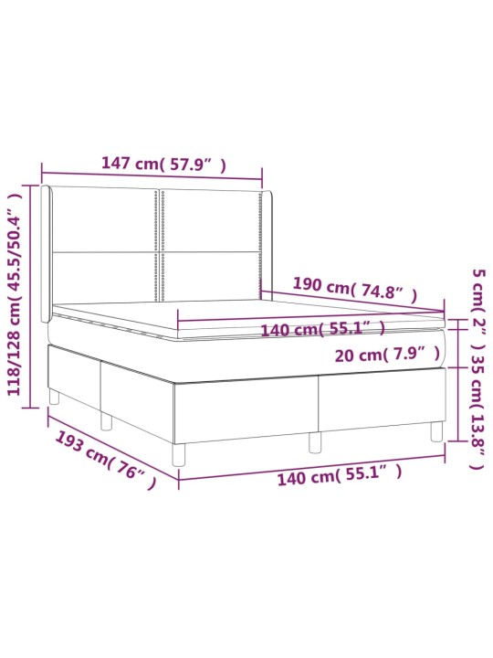 Atsperu gulta ar matraci, led, melns audums, 140x190 cm