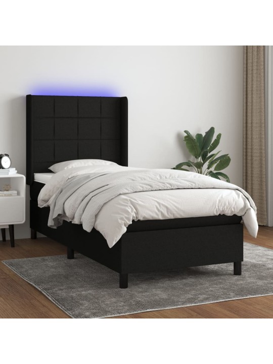 Atsperu gulta ar matraci, led, melns audums, 100x200 cm