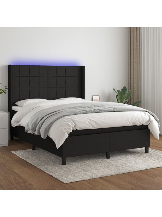 Atsperu gulta ar matraci, led, melns audums, 140x200 cm
