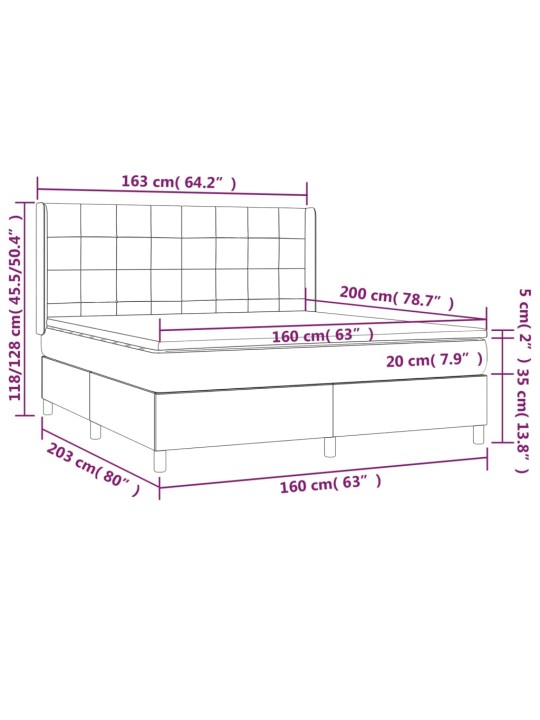 Atsperu gulta ar matraci, led, melns audums, 160x200 cm
