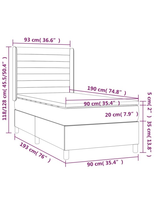 Atsperu gulta ar matraci, LED, melns audums, 90x190 cm