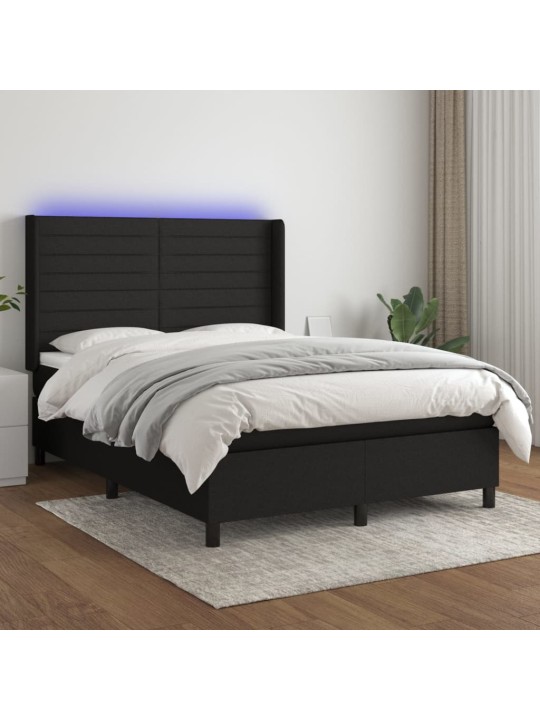 Atsperu gulta ar matraci, led, melns audums, 140x190 cm