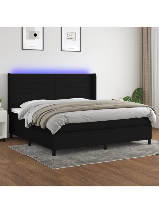 Atsperu gulta ar matraci, LED, melns audums, 200x200 cm
