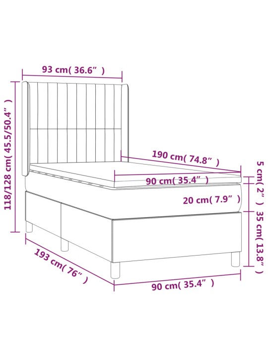 Atsperu gulta ar matraci, LED, melns audums, 90x190 cm