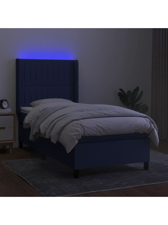 Atsperu gulta ar matraci, LED, zils audums, 90x190 cm