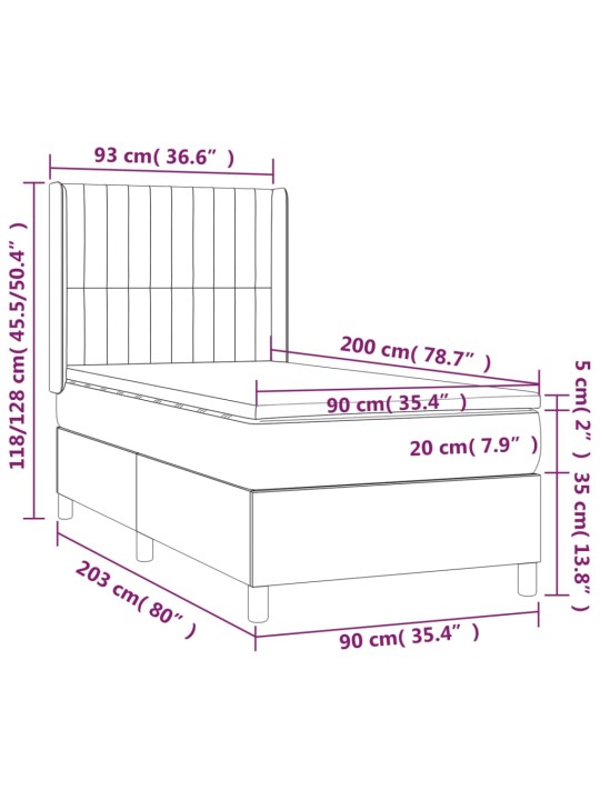 Atsperu gulta ar matraci, LED, melns audums, 90x200 cm