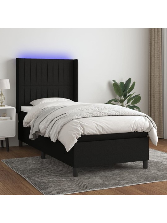 Atsperu gulta ar matraci, LED, melns audums, 90x200 cm