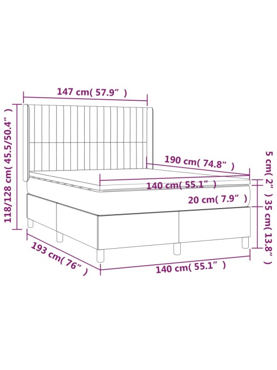Atsperu gulta ar matraci, LED, zils audums, 140x190 cm