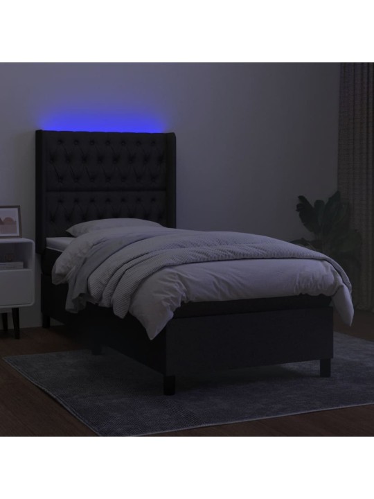 Atsperu gulta ar matraci, LED, melns audums, 90x190 cm