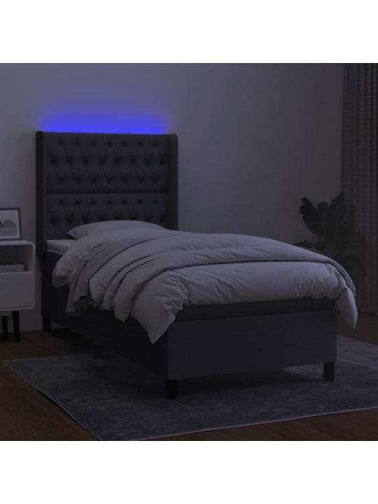 Atsperu gulta ar matraci, LED, tumši pelēks audums, 90x200 cm