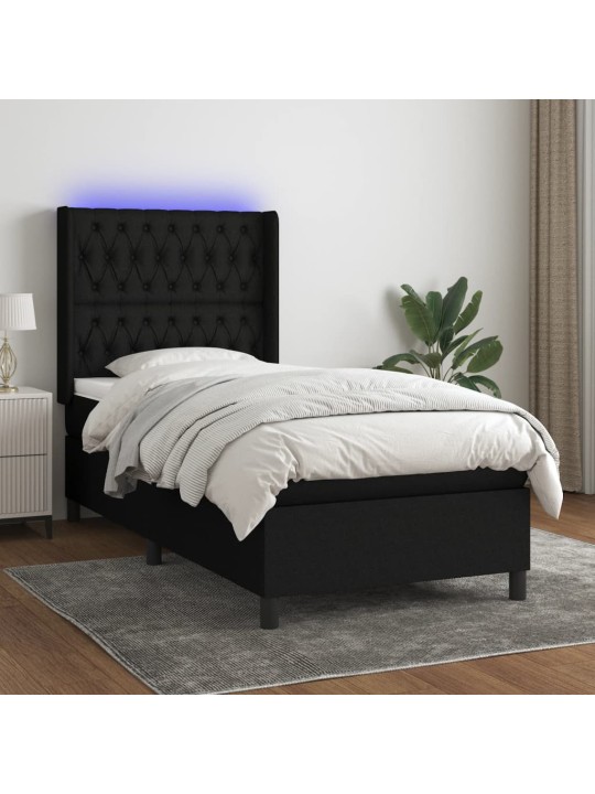 Atsperu gulta ar matraci, led, melns audums, 100x200 cm