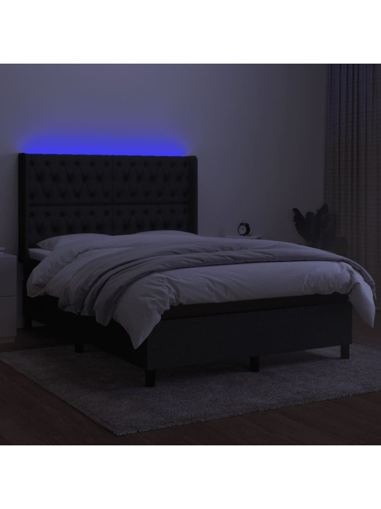 Atsperu gulta ar matraci, led, melns audums, 140x200 cm