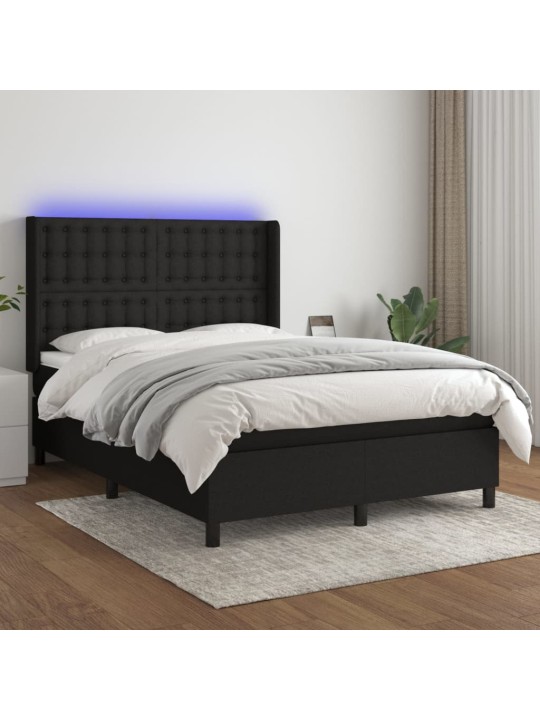 Atsperu gulta ar matraci, led, melns audums, 140x190 cm