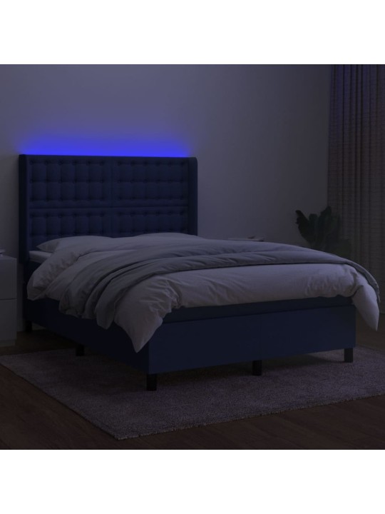Atsperu gulta ar matraci, LED, zils audums, 140x190 cm
