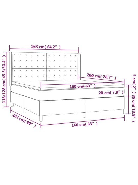 Atsperu gulta ar matraci, led, melns audums, 160x200 cm