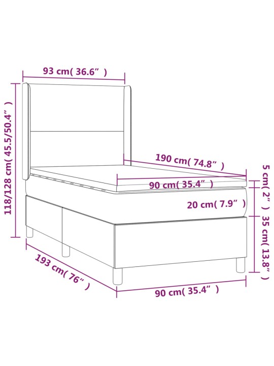 Atsperu gulta ar matraci, LED, melns audums, 90x190 cm