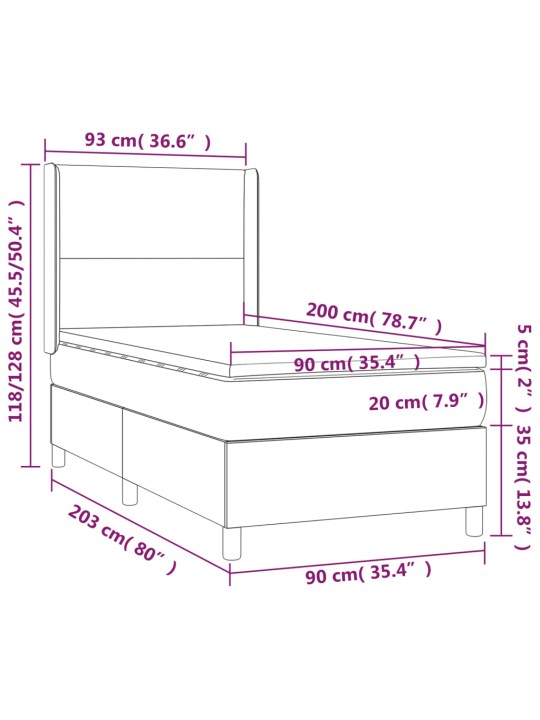 Atsperu gulta ar matraci, LED, melns audums, 90x200 cm