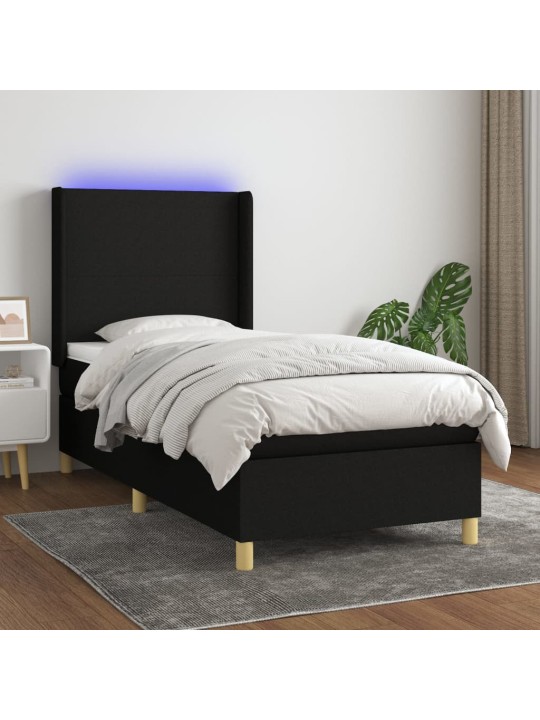 Atsperu gulta ar matraci, LED, melns audums, 90x200 cm
