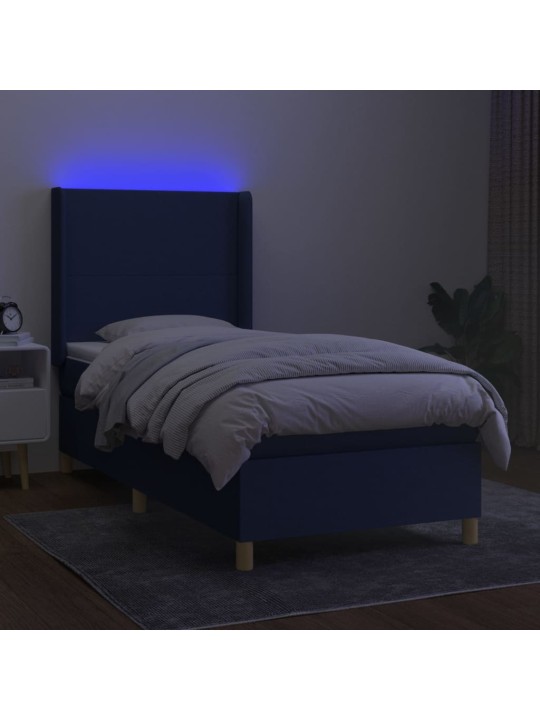 Atsperu gulta ar matraci, LED, zils audums, 90x200 cm