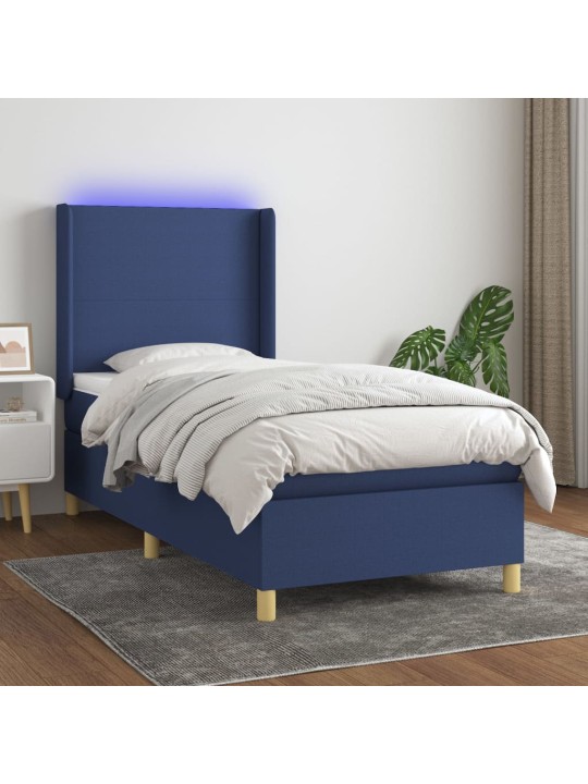 Atsperu gulta ar matraci, LED, zils audums, 90x200 cm