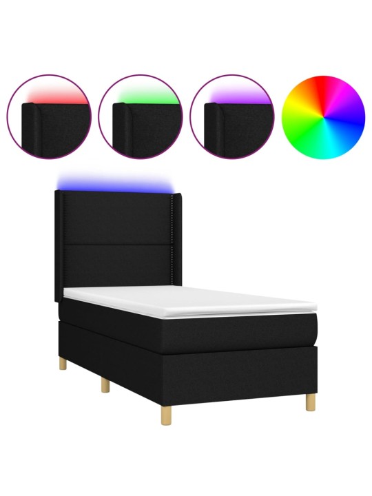 Atsperu gulta ar matraci, LED, melns audums, 90x190 cm