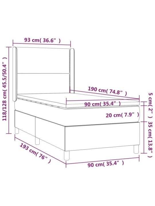 Atsperu gulta ar matraci, LED, melns audums, 90x190 cm