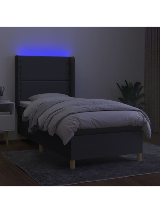 Atsperu gulta ar matraci, LED, tumši pelēks audums, 100x200 cm