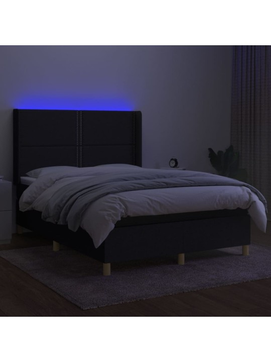 Atsperu gulta ar matraci, LED, melns audums, 140x190 cm