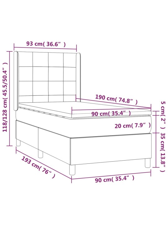Atsperu gulta ar matraci, LED, melns audums, 90x190 cm