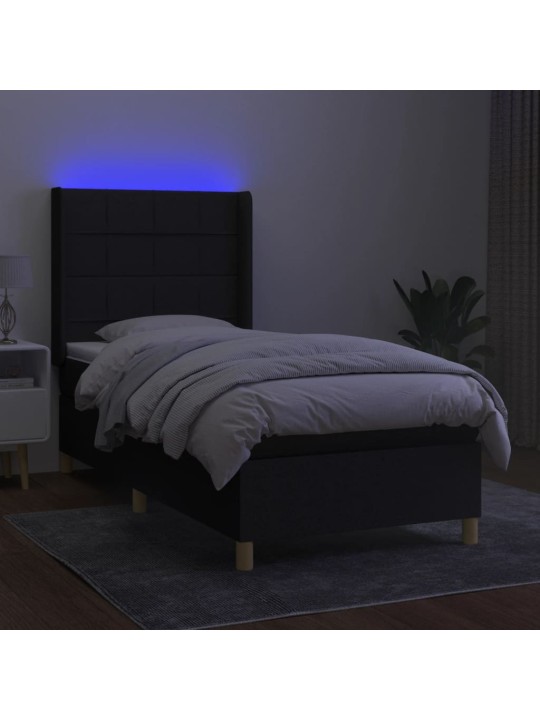 Atsperu gulta ar matraci, LED, melns audums, 90x200 cm