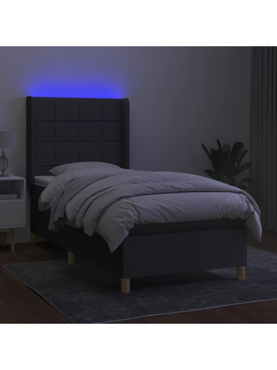 Atsperu gulta ar matraci, LED, tumši pelēks audums, 100x200 cm