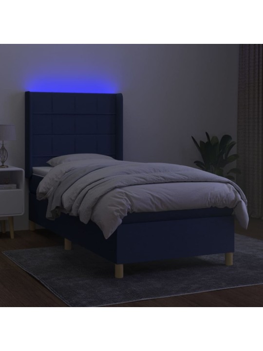 Atsperu gulta ar matraci, LED, zils audums, 100x200 cm