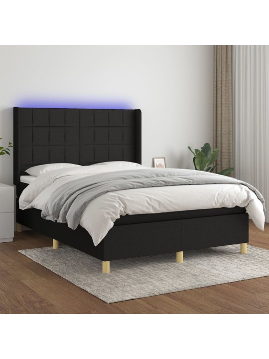 Atsperu gulta ar matraci, led, melns audums, 140x200 cm