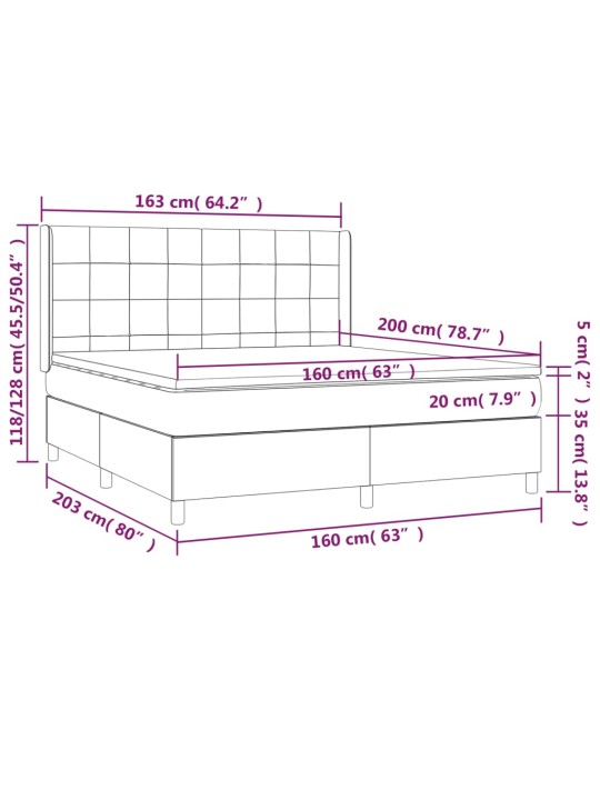 Atsperu gulta ar matraci, LED, melns audums, 160x200 cm