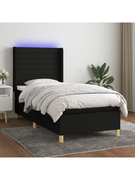 Atsperu gulta ar matraci, led, melns audums, 100x200 cm
