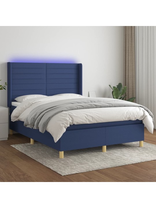 Atsperu gulta ar matraci, LED, zils audums, 140x190 cm