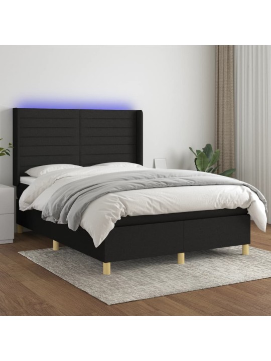 Atsperu gulta ar matraci, led, melns audums, 140x200 cm