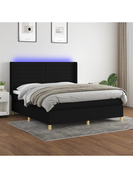Atsperu gulta ar matraci, LED, melns audums, 160x200 cm