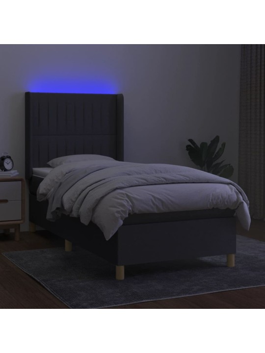 Atsperu gulta ar matraci, LED, tumši pelēks audums, 90x190 cm