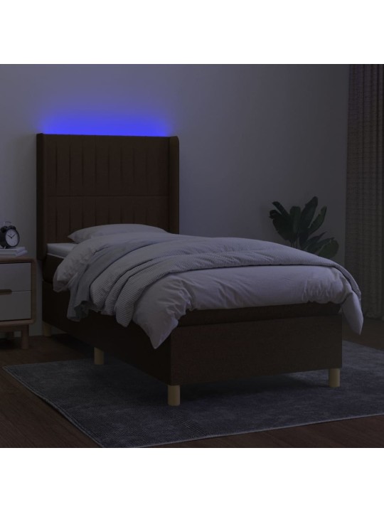 Atsperu gulta ar matraci, LED, tumši brūns audums, 90x200 cm