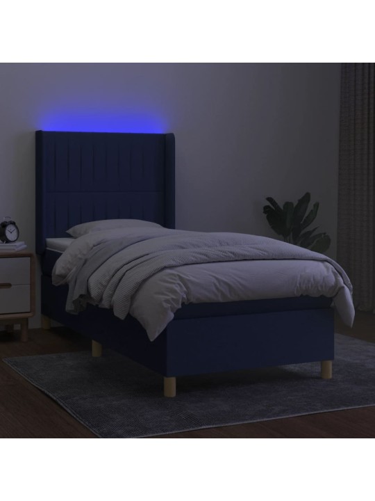 Atsperu gulta ar matraci, LED, zils audums, 90x200 cm